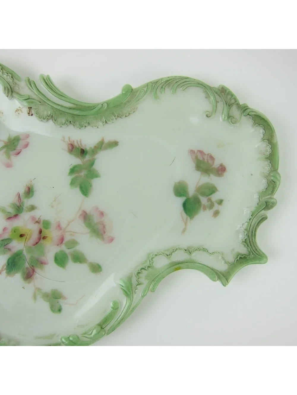 Vintage Milk Glass Vanity Tray / Candy Dish Green & Pink Flowers Open Handle